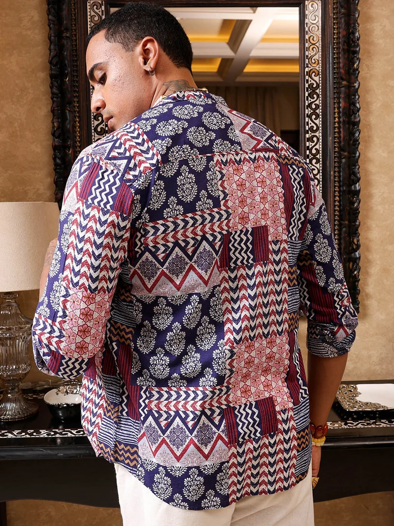 شركة المرآب الهندية Men Slim Fit Geometric Printed Full Sleeves Mandarin Collar Resort Wear Shirt