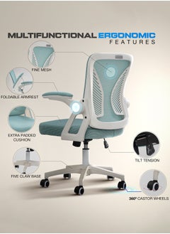 DROGO Premium Ergonomic Office Chair for Work from Home, High Back Computer Chair with Flip Up Armrest, Breathable Mesh, Rocking, Adjustable Seat, Winged Back | Mesh Chair for Office White/Blue  - Image 4