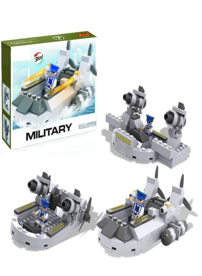 Ruzarth Military Patrol Boat Building Blocks Set for Kids 6+ | 3-in-1 Armed Boat, Gunboat & Pilot Transport Toy | STEM Educational Construction Brick Toy with Mini Pilot Figure, 94 PCS - Image 1