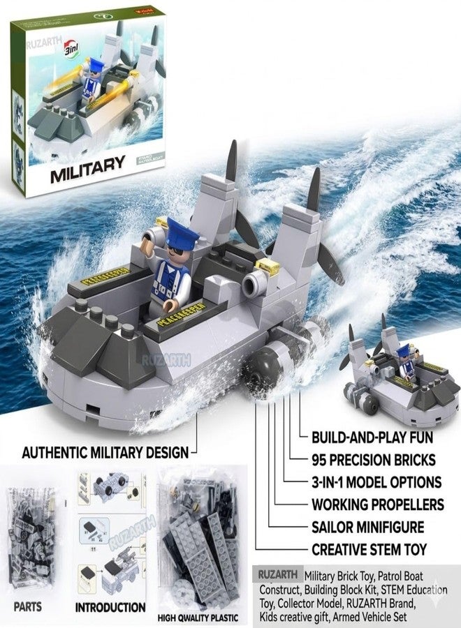 Ruzarth Military Patrol Boat Building Blocks Set for Kids 6+ | 3-in-1 Armed Boat, Gunboat & Pilot Transport Toy | STEM Educational Construction Brick Toy with Mini Pilot Figure, 94 PCS - Image 4