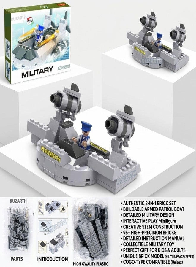 Ruzarth Military Patrol Boat Building Blocks Set for Kids 6+ | 3-in-1 Armed Boat, Gunboat & Pilot Transport Toy | STEM Educational Construction Brick Toy with Mini Pilot Figure, 94 PCS - Image 3