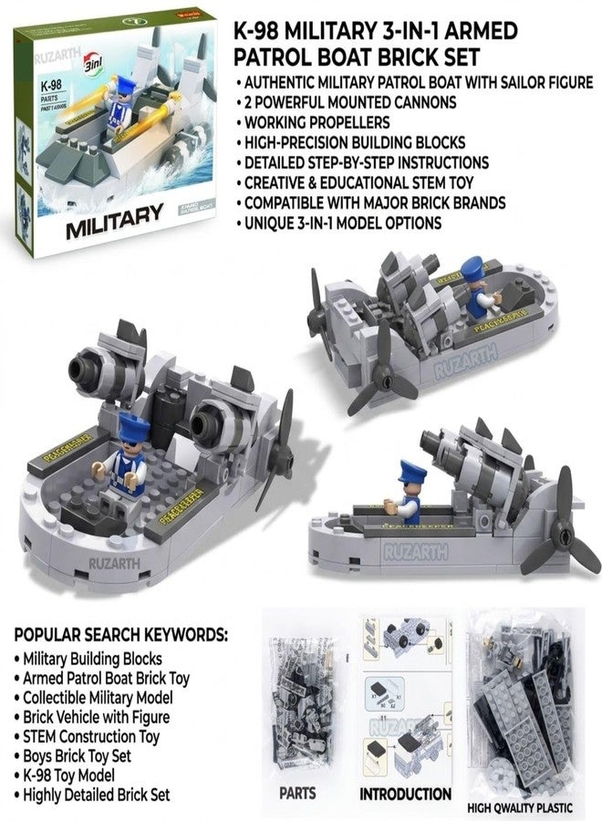 Ruzarth Military Patrol Boat Building Blocks Set for Kids 6+ | 3-in-1 Armed Boat, Gunboat & Pilot Transport Toy | STEM Educational Construction Brick Toy with Mini Pilot Figure, 94 PCS - Image 5