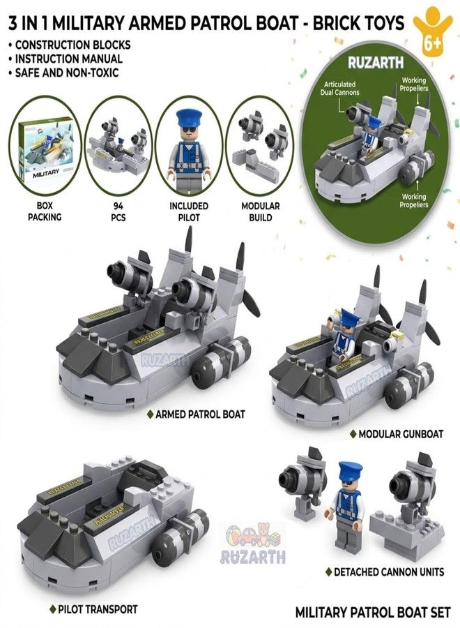Ruzarth Military Patrol Boat Building Blocks Set for Kids 6+ | 3-in-1 Armed Boat, Gunboat & Pilot Transport Toy | STEM Educational Construction Brick Toy with Mini Pilot Figure, 94 PCS - Image 2
