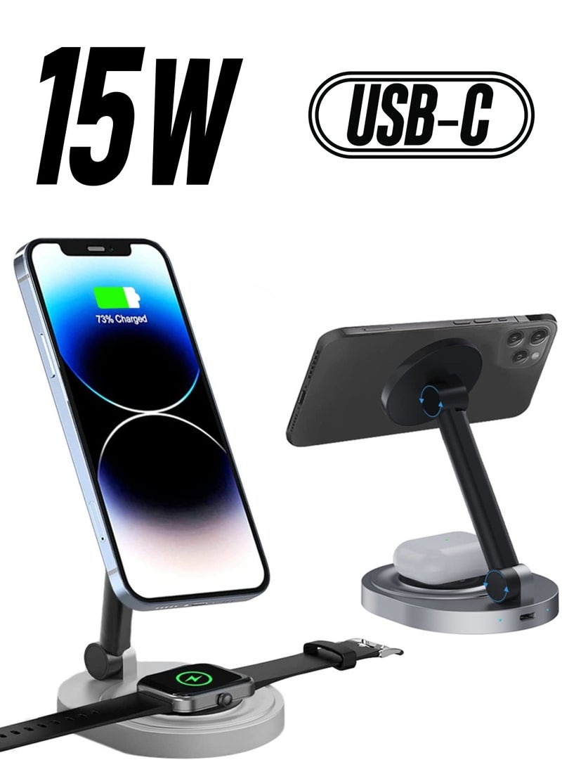 Excefore حامل شاحن لاسلكي مغناطيسي لشاحن Mag-Safe، محطة شحن سريعة بقوة 15 وات، قاعدة شحن 2 في 1 لهاتف iPhone/Apple Watch/AirPods - Image 1