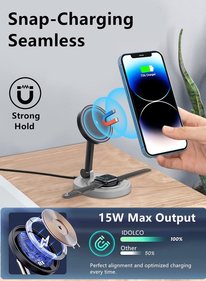 Excefore حامل شاحن لاسلكي مغناطيسي لشاحن Mag-Safe، محطة شحن سريعة بقوة 15 وات، قاعدة شحن 2 في 1 لهاتف iPhone/Apple Watch/AirPods - Image 4