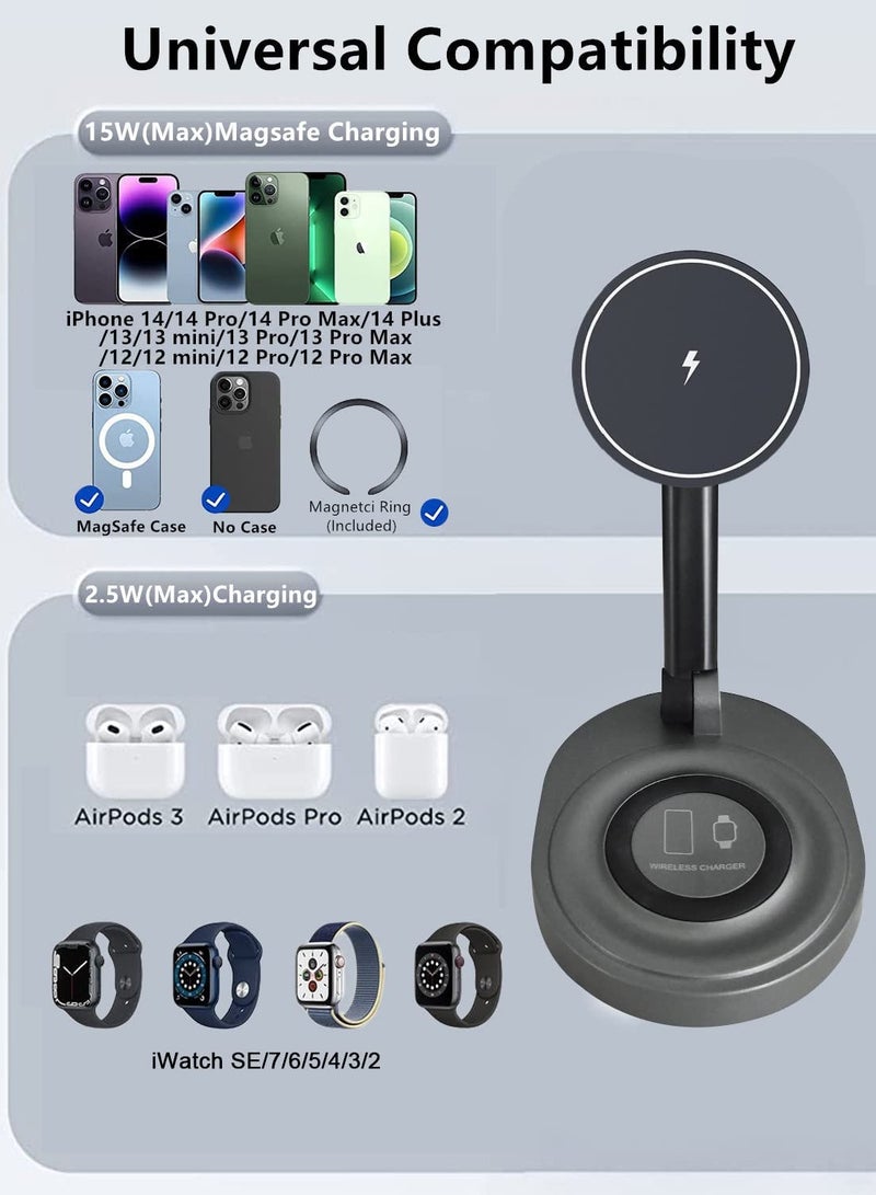 Excefore حامل شاحن لاسلكي مغناطيسي لشاحن Mag-Safe، محطة شحن سريعة بقوة 15 وات، قاعدة شحن 2 في 1 لهاتف iPhone/Apple Watch/AirPods - Image 3