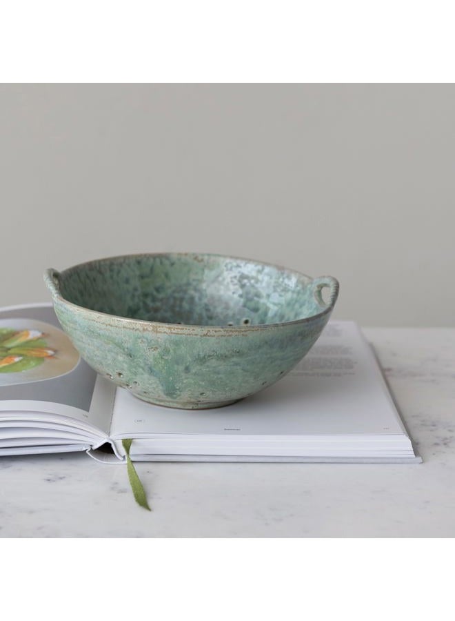Creative Co-op Stoneware Berry Bowl with Handles, Aqua Reactive Glaze, 8.5"L x 7.75"W x 3.25"H, Multicolor - Image 2