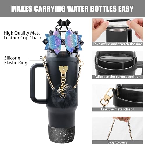 SEMATA Bling Stanley Cup Accessories for 40oz & 30oz Tumbler including Silicone Cute Bow Straw Topper Cover, Silicone Stanley Cup Boot,Leather Water Bottle Handle Strap, Charms(Black) - Image 2