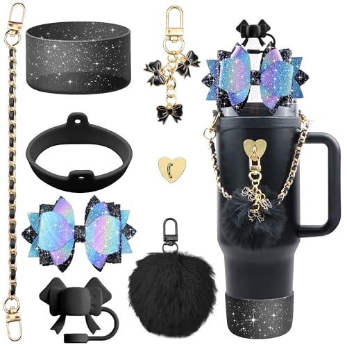 SEMATA Bling Stanley Cup Accessories for 40oz & 30oz Tumbler including Silicone Cute Bow Straw Topper Cover, Silicone Stanley Cup Boot,Leather Water Bottle Handle Strap, Charms(Black) - Image 3