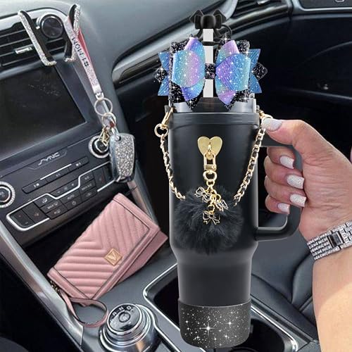 SEMATA Bling Stanley Cup Accessories for 40oz & 30oz Tumbler including Silicone Cute Bow Straw Topper Cover, Silicone Stanley Cup Boot,Leather Water Bottle Handle Strap, Charms(Black) - Image 5