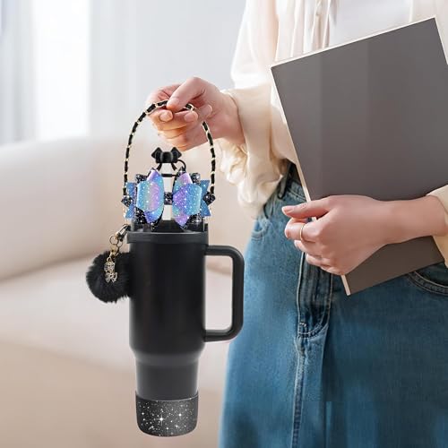 SEMATA Bling Stanley Cup Accessories for 40oz & 30oz Tumbler including Silicone Cute Bow Straw Topper Cover, Silicone Stanley Cup Boot,Leather Water Bottle Handle Strap, Charms(Black) - Image 4