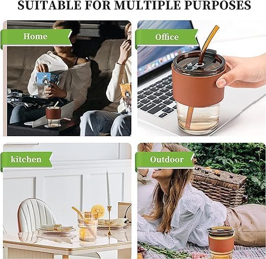Hontick Glass Reusable Sipper Bottle with Leather Sleeve Glass Coffee Mug with Silicone Straw and Leakproof Lid Tumbler for Coffee Tea Milk Beverages Mug for Home Office Travel - Image 4