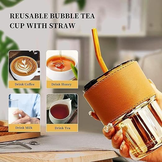 Hontick Glass Reusable Sipper Bottle with Leather Sleeve Glass Coffee Mug with Silicone Straw and Leakproof Lid Tumbler for Coffee Tea Milk Beverages Mug for Home Office Travel - Image 2