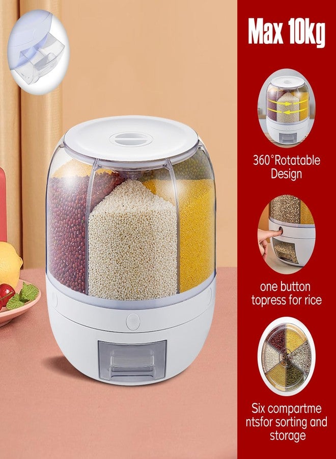 WDZCZDoo 6-Grid Dry Food Dispenser Container 10L 360° Rotating Rice Storage Dispenser Container Grain Dispenser for Rice Beans Small Granular Grains - Image 2