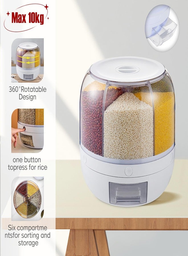 WDZCZDoo 6-Grid Dry Food Dispenser Container 10L 360° Rotating Rice Storage Dispenser Container Grain Dispenser for Rice Beans Small Granular Grains - Image 5
