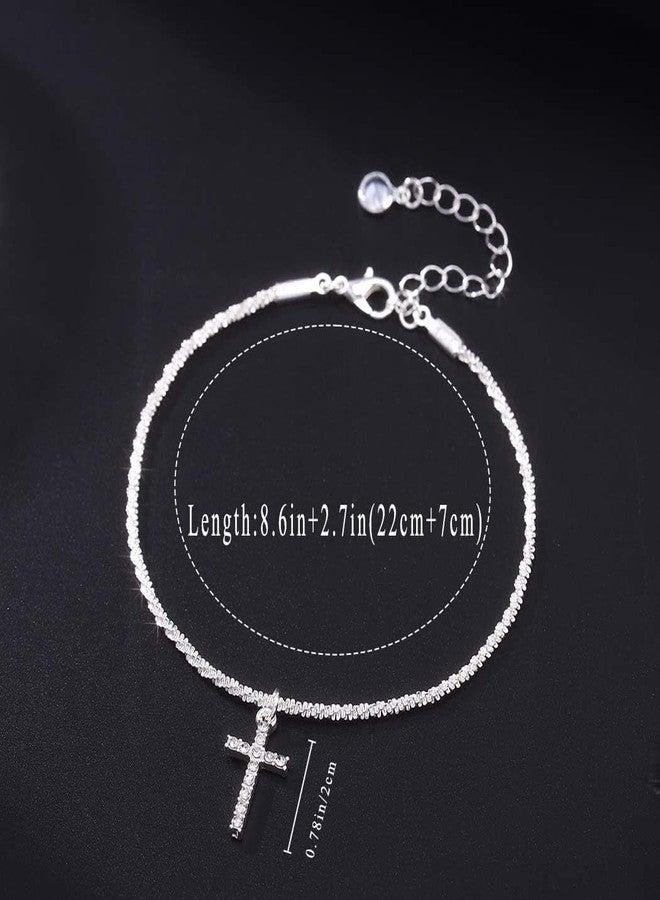 Yalice 14K Gold Ankle Bracelets for Women Layered Anklets 925 Sterling Silver Anklet Set Shiny Waterproof Ankle Chain Cross Beach Foot Jewelry Gifts (Silver+Cross) - Image 3