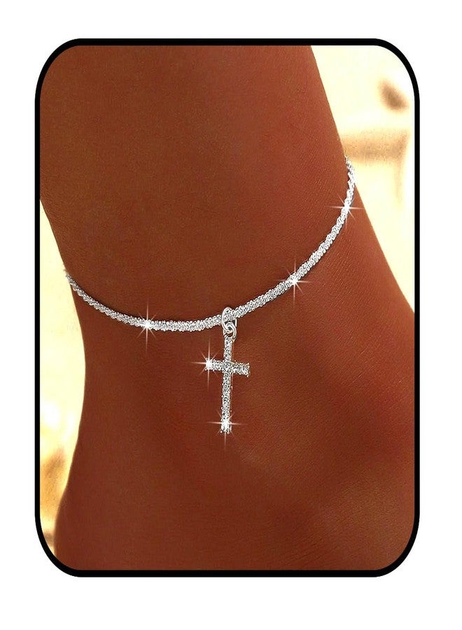Yalice 14K Gold Ankle Bracelets for Women Layered Anklets 925 Sterling Silver Anklet Set Shiny Waterproof Ankle Chain Cross Beach Foot Jewelry Gifts (Silver+Cross) - Image 1