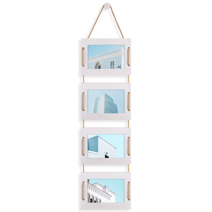 4X6 HANGING COLLAGE PICTURE FRAMES WALL DECOR 4OPENING 4X6 PHOTO WITHOUT MAT RUSTIC WOOD FRAME WITH HEMP ROPE 1 PACK VINTAGE WHITE