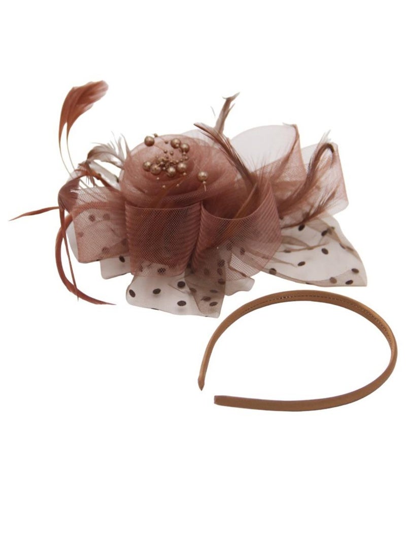 D'Daniela - Ddaniela Monalisa Fascinator Hats for Women Tea Party Headband,  Hat Flower Mesh Ribbons Feathers on a Headband and a Clip Tea Party Headwear for Girls and Women Brown - Image 1