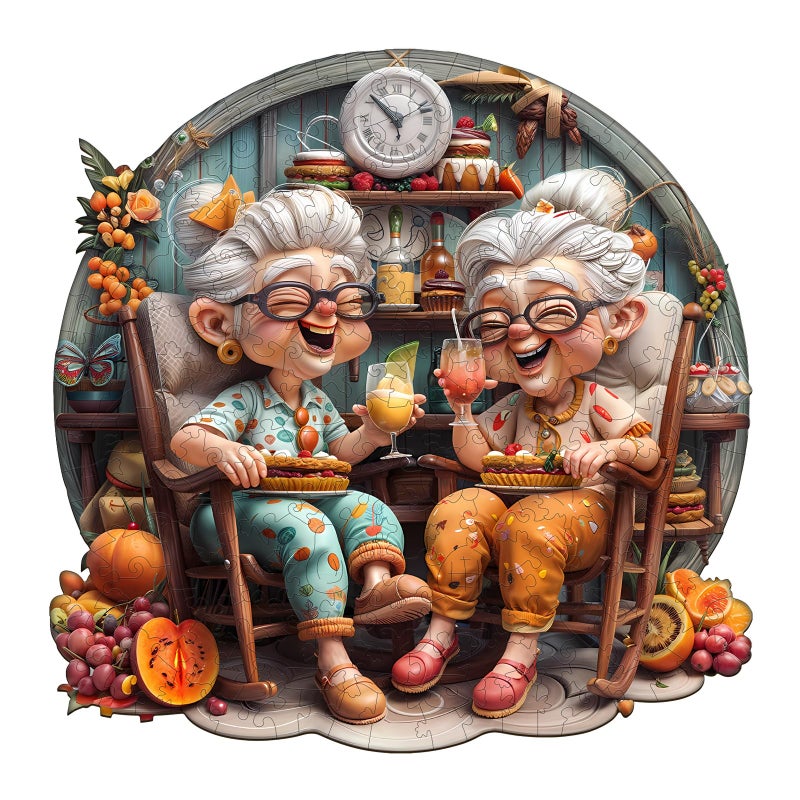 Jigfoxy Wooden Puzzle for Adults, Happy Grandmas Jigsaw Puzzles for Adult, Unique Animal Shape Wood Cut Puzzles, Christmas Thanksgiving Gifts for Friends Family (S-8.5 * 8.5in-100pcs) - Image 1