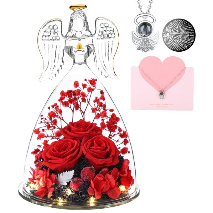 MOTHERS DAY FLOWERS GIFTS FOR MOMPRESERVED FLOWERS ROSE IN GLASS ANGEL FIGURINESPRESERVED THREE RED ROSE ANGEL GIFTS FOR WOMEN GRANDMA MOM GIFTBIRTHDAY GIFTS FOR WOMEN WIFE SISTER HER
