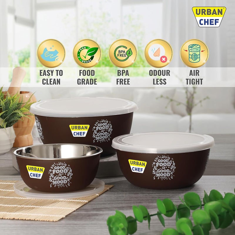 URBAN CHEF طقم خلط من مكون من 3 أوعية من الفولاذ المقاوم للصدأ (500 مل، 800 مل، 1250 مل) | آمن للاستخدام في الميكروويف وغسالة الأطباق | طقم أوعية بغطاء هدية | أوعية للوجبات الخفيفة | أوعية تقديم إكسسوارات المطبخ - بني - Image 3
