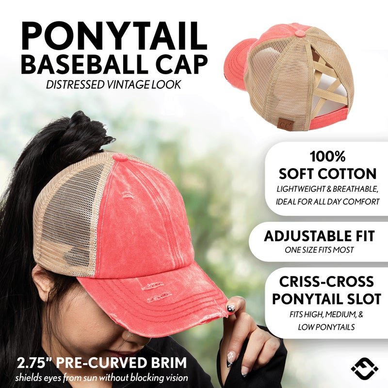 Funky Junque Funny Ponytail Hat for Women, Criss Cross Messy Bun Ball Cap Adjustable Distressed - Beige Mesh - Coral (Distressed) - Image 2