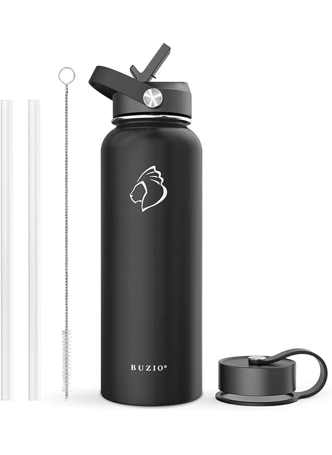 Zaboon - Steel Water Bottle (Cold For 48 Hrs Hot For 24 Hrs) 40 Oz Vacuum Insulated Water Bottle With Straw Lid And Flex Cap (Double Wall Wide Mouth Bpa Free Leak Proof Sweat Free) Black - Image 1