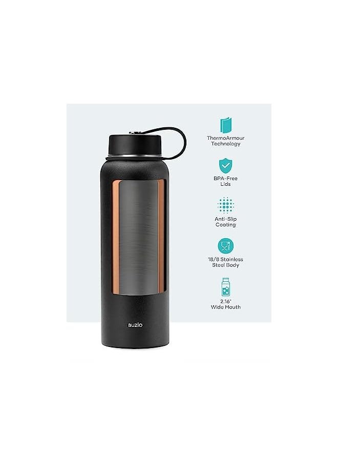 Zaboon - Steel Water Bottle (Cold For 48 Hrs Hot For 24 Hrs) 40 Oz Vacuum Insulated Water Bottle With Straw Lid And Flex Cap (Double Wall Wide Mouth Bpa Free Leak Proof Sweat Free) Black - Image 1