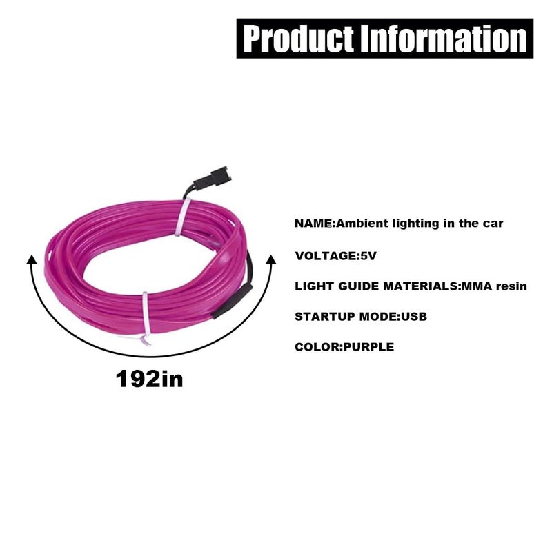 GLSOWEE EL Wire Interior Car LED Strip Lights, USB Car Neon Light Strip with Sewing Edge, 16FT Neon Light 5V with Fuse Protection, Electroluminescent Car Indoor Decorations (Purple) - Image 2