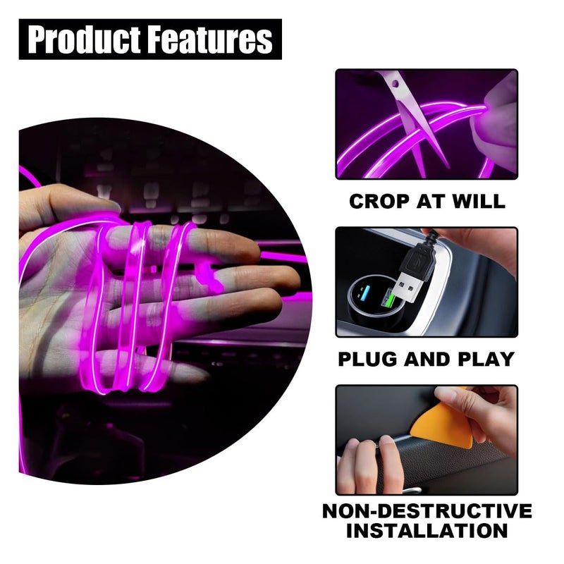 GLSOWEE EL Wire Interior Car LED Strip Lights, USB Car Neon Light Strip with Sewing Edge, 16FT Neon Light 5V with Fuse Protection, Electroluminescent Car Indoor Decorations (Purple) - Image 3