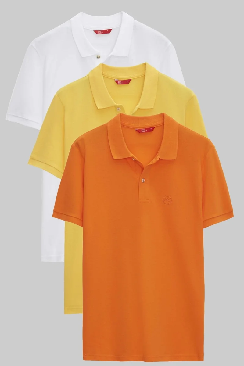 D'S DAMAT Regular Fit White/Light Yellow/Orange Pique Textured 100% Cotton Polo Neck T-Shirt 6HC14ORTBN510