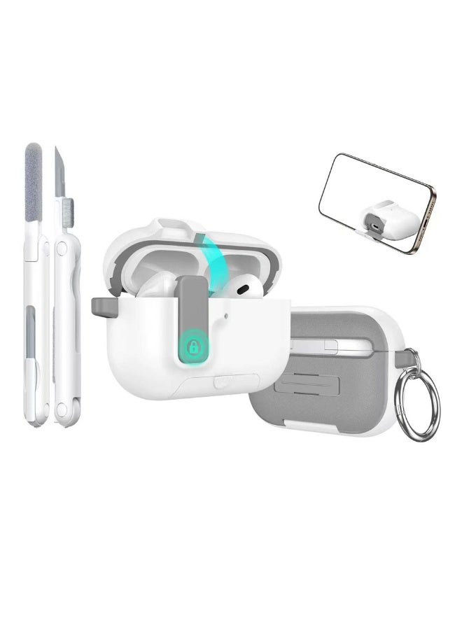 دكينج لسماعات AirPods Pro 3، تأتي مع مجموعة تنظيف ومشبك، تتميز بتصميم حامل بمشبك مغناطيسي، وتحتوي على وظيفة قفل ضد السقوط. يدعم غطاء شحن AirPods Pro 3 الشحن اللاسلكي. اللون أبيض - Image 1