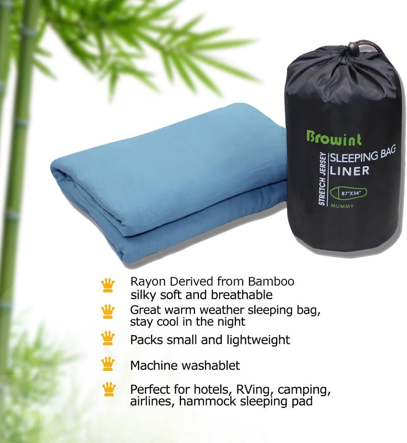BROWINT Travel Sheets for Hotel, Rayon Derived from Bamboo, Stretchy Sleep Sack for Adults, Warm Weather/Summer Sleeping Bag Liner for Camping and Travel, Rectangular with Pillow Pocket, Mummy, Cooling Sheets - Image 3