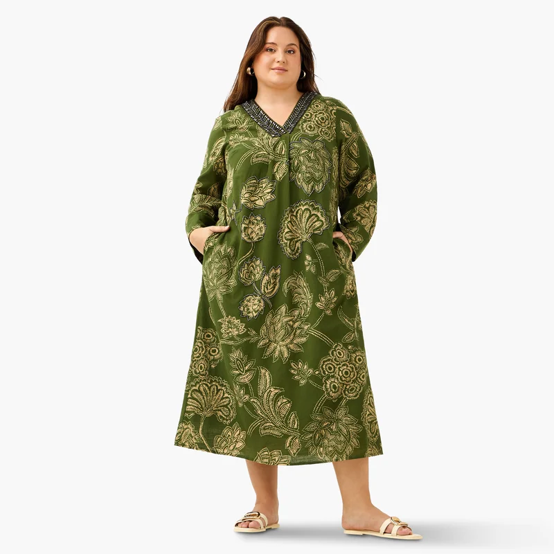  أولا بوبكن Plus Size Ulla Popken Floral Print Kaftan Dress with Neck Embellishment