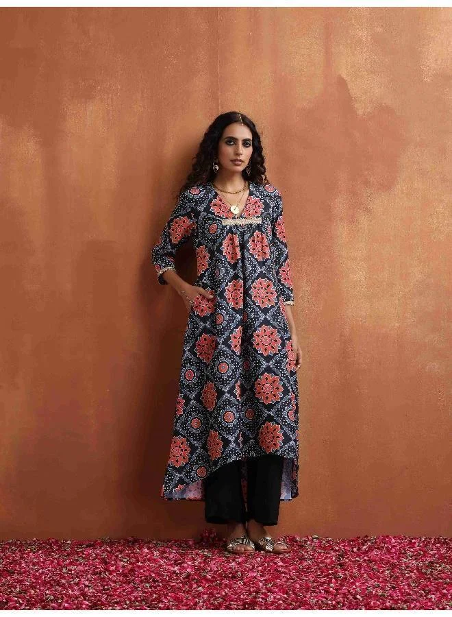 ترو برونز trueBrowns Black Ajrak Print Kurta Set