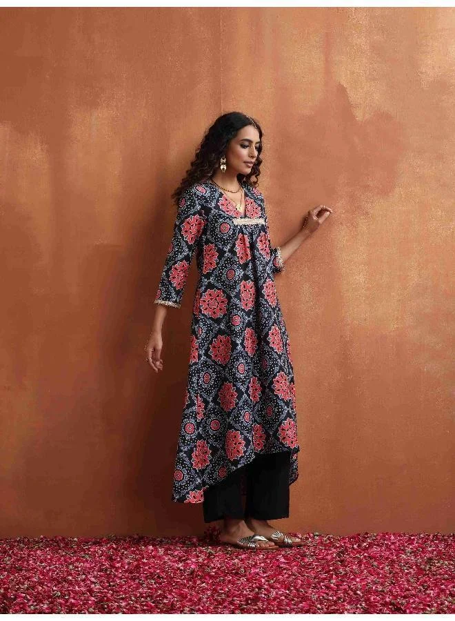 ترو برونز trueBrowns Black Ajrak Print Kurta Set