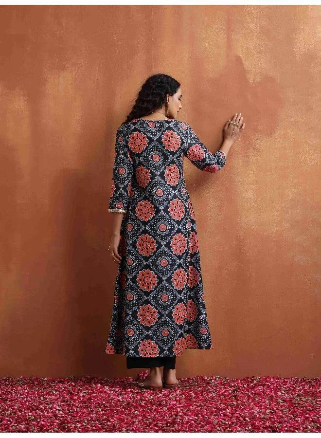 ترو برونز trueBrowns Black Ajrak Print Kurta Set