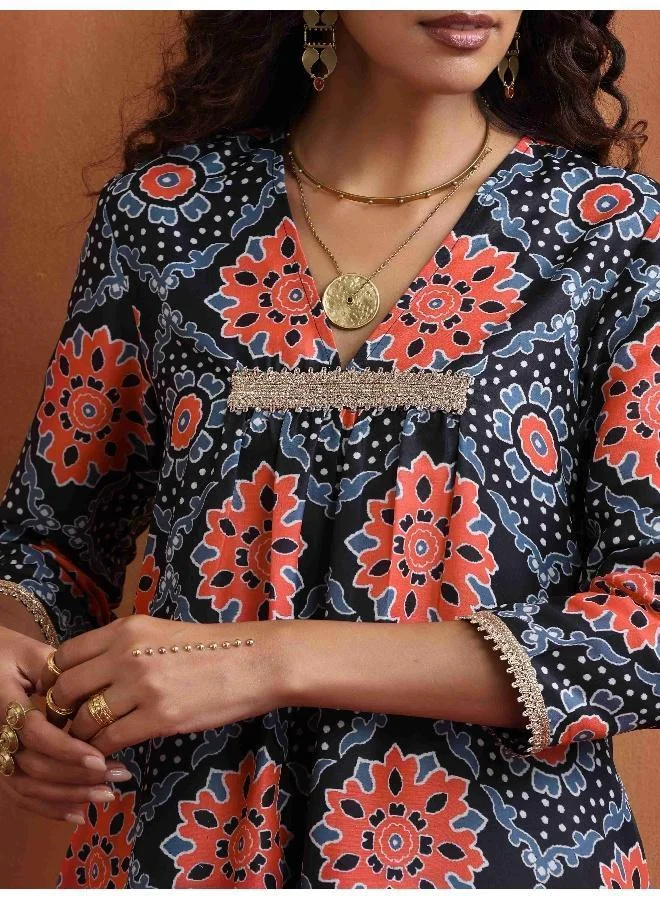 ترو برونز trueBrowns Black Ajrak Print Kurta Set