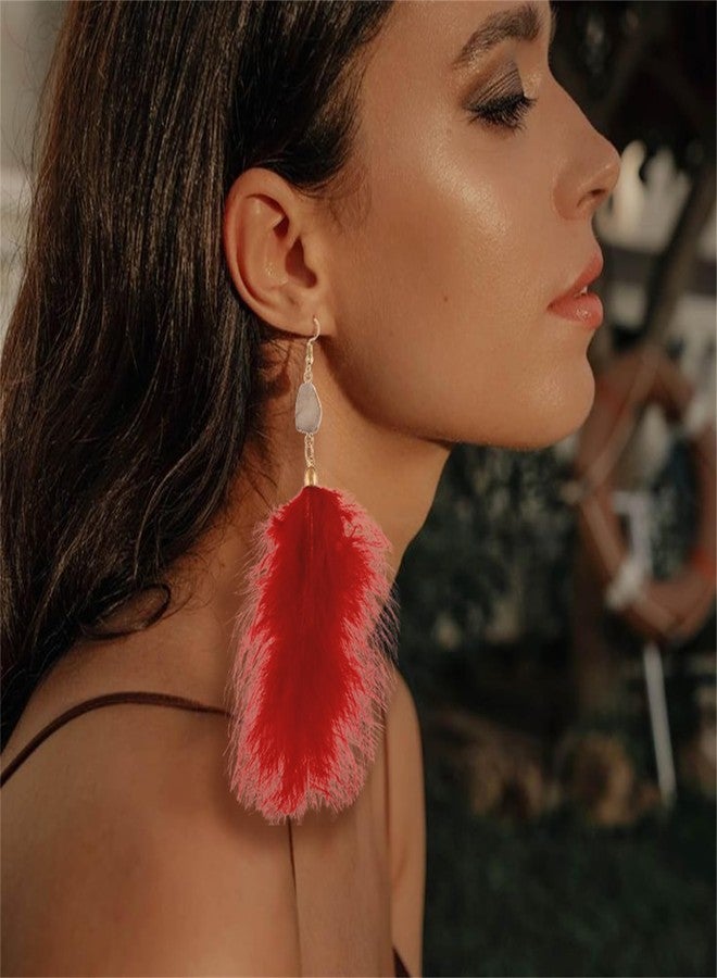 RLHRNDE Long Feather Earrings for Women Girls Handmade Vintage Bohemian Furry Feather Faux Druzy Charm Earrings, Boho Lightweight Natural Feather Tassel Dangle Drop Statement Earrngs Jewelry Gifts (Wine Red) - Image 4