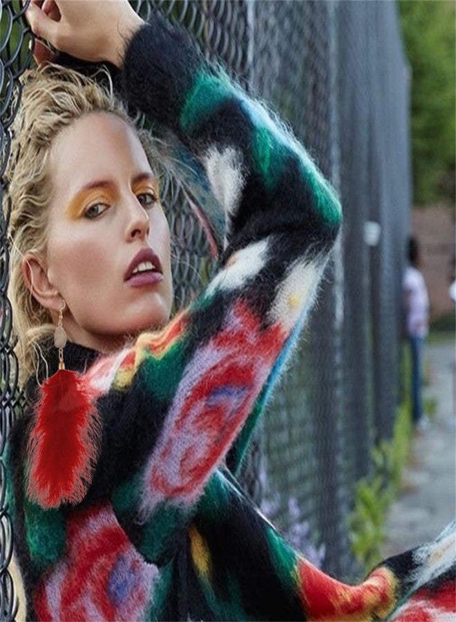 RLHRNDE Long Feather Earrings for Women Girls Handmade Vintage Bohemian Furry Feather Faux Druzy Charm Earrings, Boho Lightweight Natural Feather Tassel Dangle Drop Statement Earrngs Jewelry Gifts (Wine Red) - Image 3