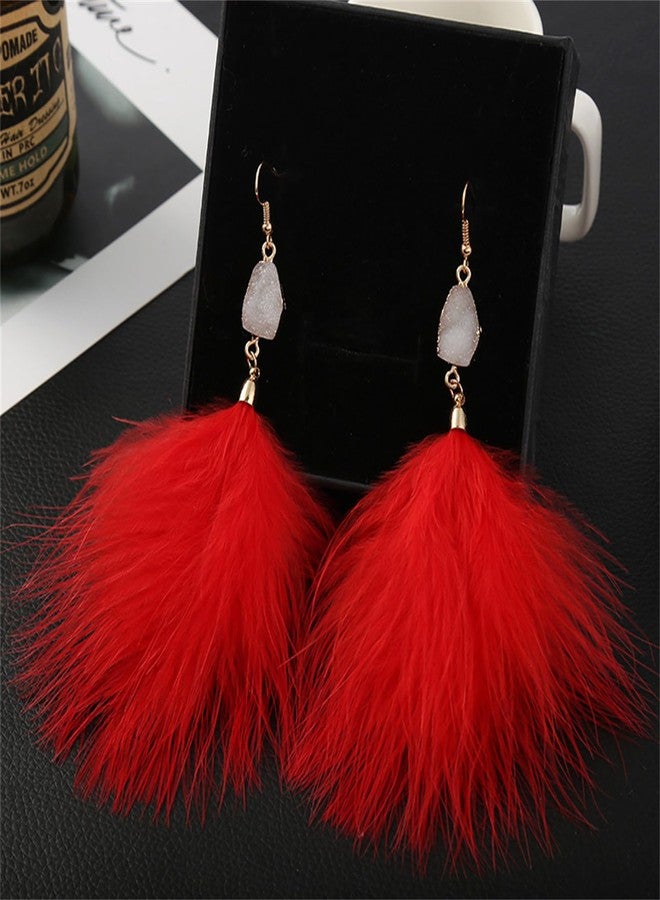 RLHRNDE Long Feather Earrings for Women Girls Handmade Vintage Bohemian Furry Feather Faux Druzy Charm Earrings, Boho Lightweight Natural Feather Tassel Dangle Drop Statement Earrngs Jewelry Gifts (Wine Red) - Image 5