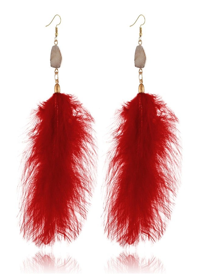 RLHRNDE Long Feather Earrings for Women Girls Handmade Vintage Bohemian Furry Feather Faux Druzy Charm Earrings, Boho Lightweight Natural Feather Tassel Dangle Drop Statement Earrngs Jewelry Gifts (Wine Red) - Image 1