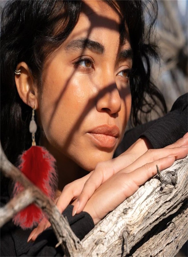 RLHRNDE Long Feather Earrings for Women Girls Handmade Vintage Bohemian Furry Feather Faux Druzy Charm Earrings, Boho Lightweight Natural Feather Tassel Dangle Drop Statement Earrngs Jewelry Gifts (Wine Red) - Image 2