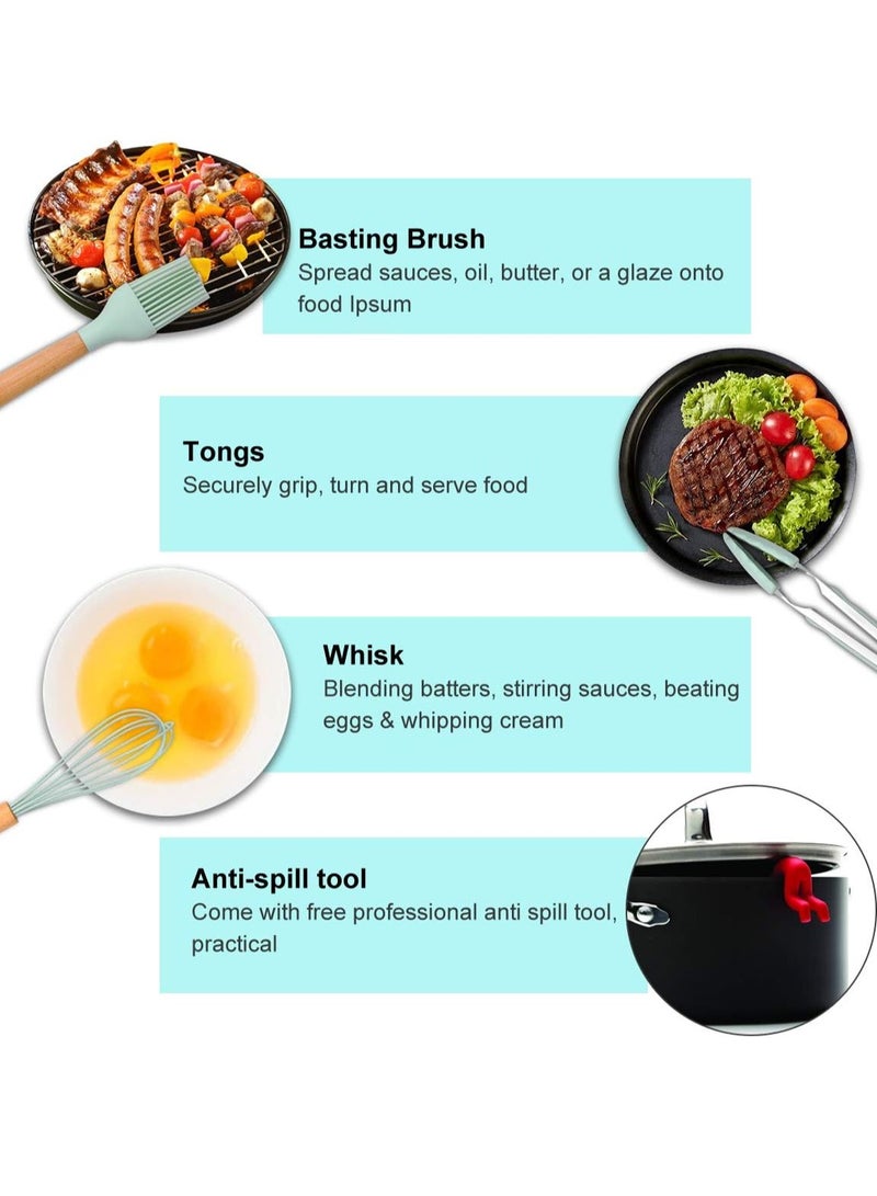 Silicone Cooking Utensils Set,19PCS Kitchen Utensil Set with Wooden Handle, Heat-resistant Turner Tongs Spatula Spoon Kitchen Tools,Come with Free Anti Spill Tool - Image 2