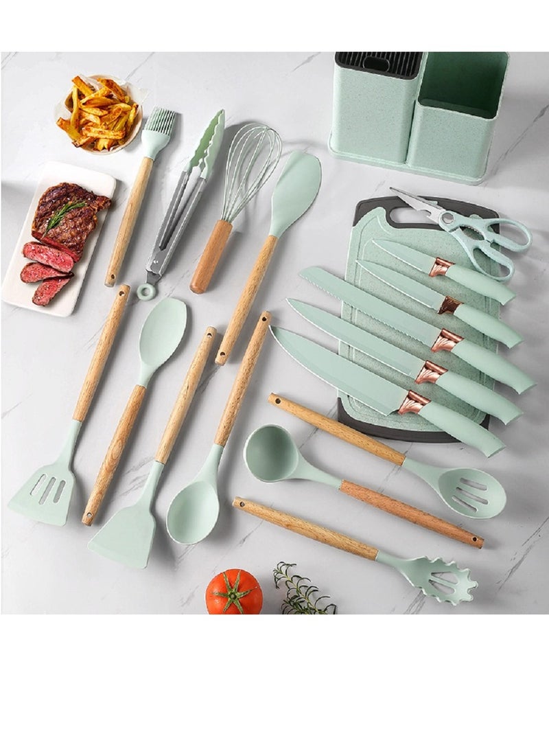 Silicone Cooking Utensils Set,19PCS Kitchen Utensil Set with Wooden Handle, Heat-resistant Turner Tongs Spatula Spoon Kitchen Tools,Come with Free Anti Spill Tool - Image 1