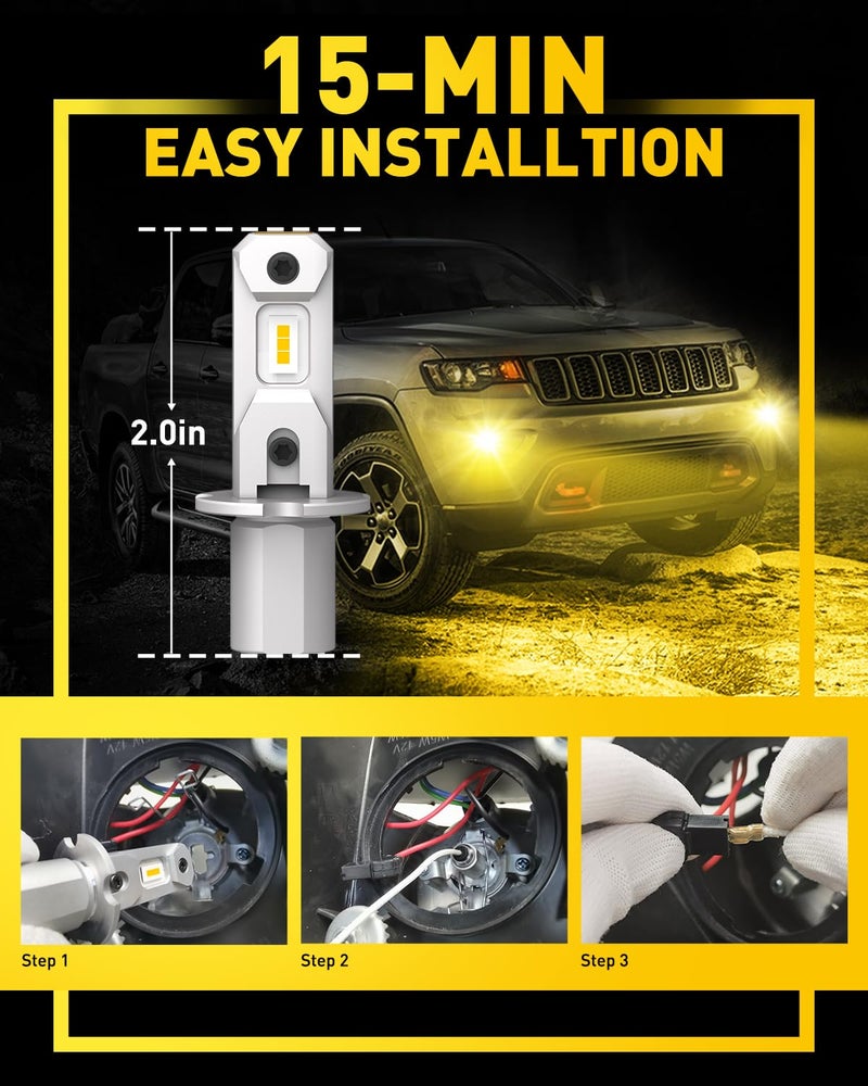 AUXITO H3 LED Fog Light Bulbs 3000K Yellow, Super Penetration, 1:1 Mini Size, Plug n Play, H3ll LED Bulb Light for Fog Lamp, DRL, Pack of 2 - Image 4