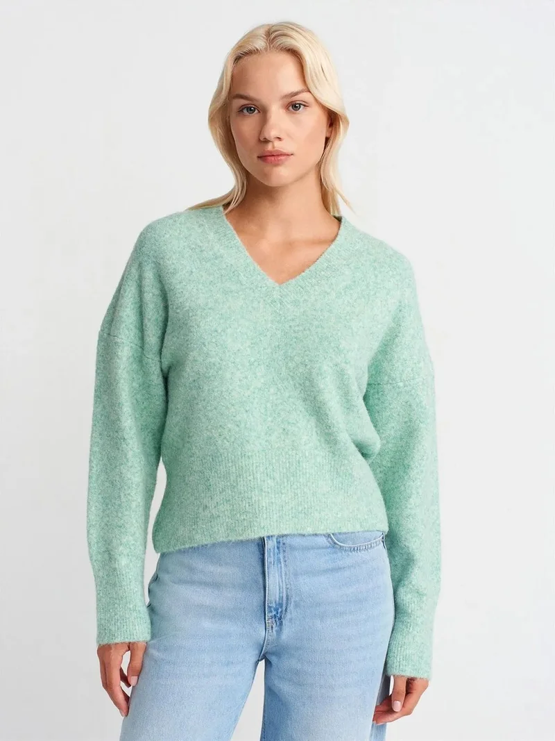 ديلفين DILVIN Women's V-neck Ribbed Knit Sweater