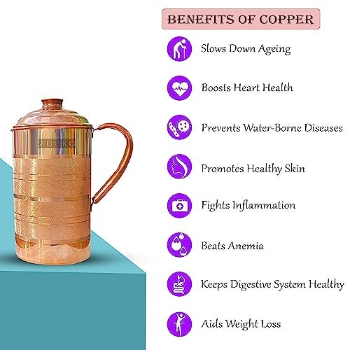 Adoko Pure Copper Water Jug 1.5 Litre with 2 Copper Glasses (300ml Each) | Ayurvedic Copper Pitcher Set for Drinking & Storage for Health & Wellness - Image 3