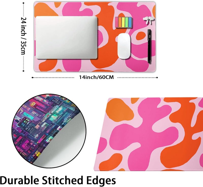 aportt Pink Orange Cute Gaming Mouse Pad Large XL Kawani Preppy Abstract Modern Geographic Extended Large Desk Mat Mousepad Non-Slip Rubber Base Stitched Edge Long Desk Pad for Desktop Office PC,24x14 Inch - Image 2